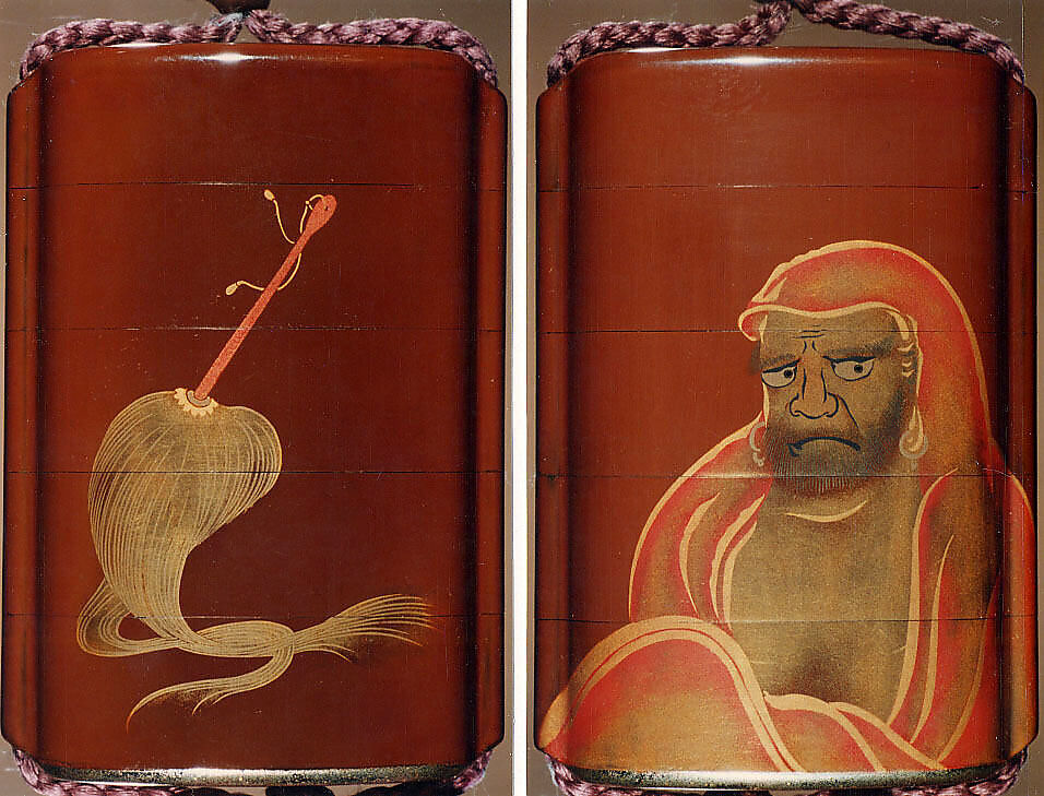 Case (Inrō) with Design of Daruma (obverse);  Fly Whisk (Hossu) (reverse), Lacquer, tan, brown ground, gold, black and red togidashi; Interior: nashiji and fundame, Japan