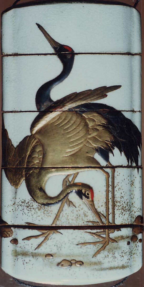 Case (Inrō) with Design of Standing Cranes (obverse); Tortoises beside Stones (reverse), Ceramic, white ceramic ground, gold, black and red takamakie, nashiji; Interior: nashiji and fundame, Japan