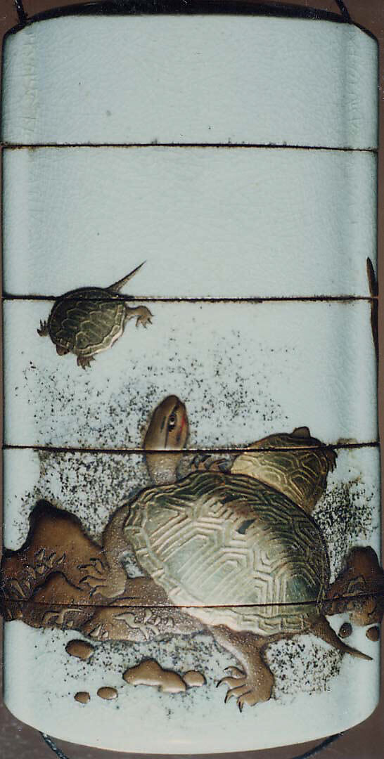 Case (Inrō) with Design of Standing Cranes (obverse); Tortoises beside Stones (reverse), Ceramic, white ceramic ground, gold, black and red takamakie, nashiji; Interior: nashiji and fundame, Japan