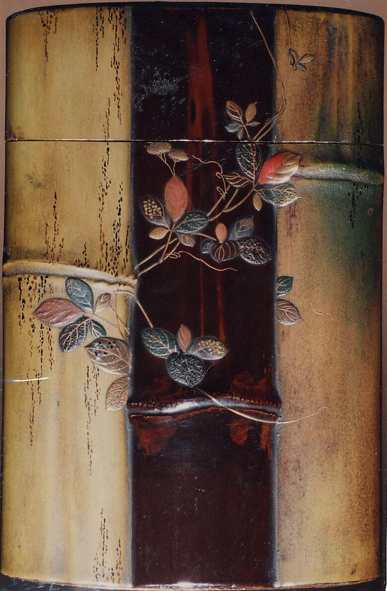 Case (Inrō) with Design of Tortoise Swimming above Water Weeds (obverse);  Bamboo stems, Vines (reverse), Lacquer wood, roiro, imitated bamboo, gold, silver and coloured hiramakie, kirigane; Interior: nashiji and fundame, Japan