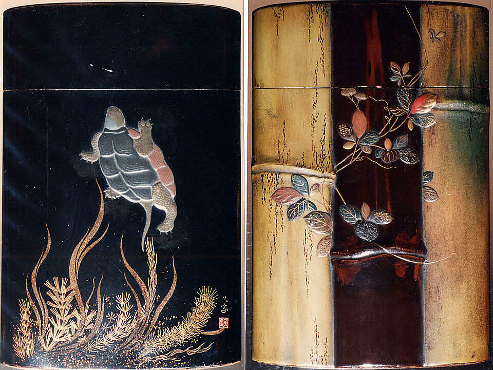 Case (Inrō) with Design of Tortoise Swimming above Water Weeds (obverse);  Bamboo stems, Vines (reverse), Lacquer wood, roiro, imitated bamboo, gold, silver and coloured hiramakie, kirigane; Interior: nashiji and fundame, Japan 