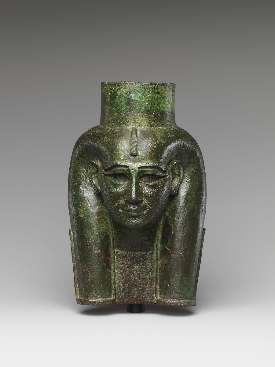 Head of a goddess, probably Mut, for attachment to a processional barque (?), Cupreous metal, gold leaf, formerly inlaid