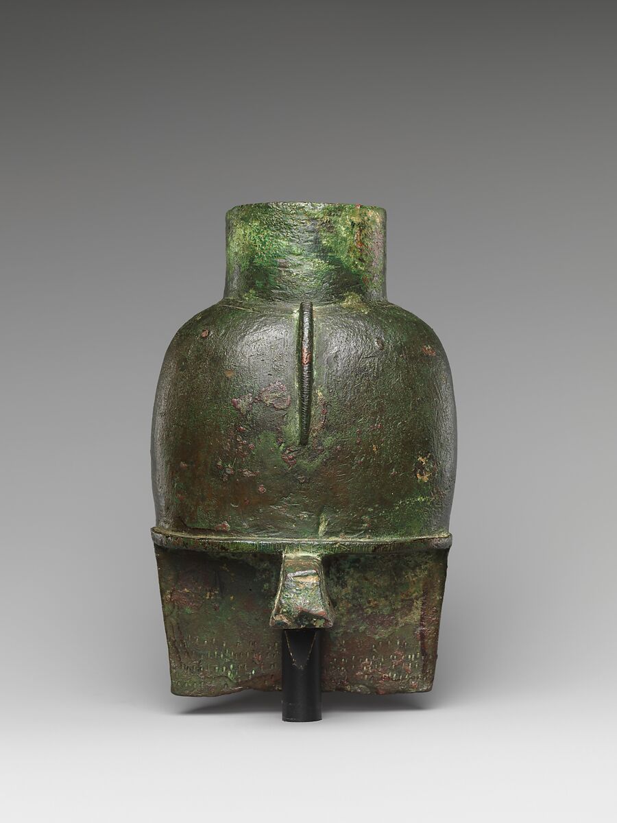 Head of a goddess, probably Mut, for attachment to a processional barque, Cupreous metal, gold leaf, formerly inlaid