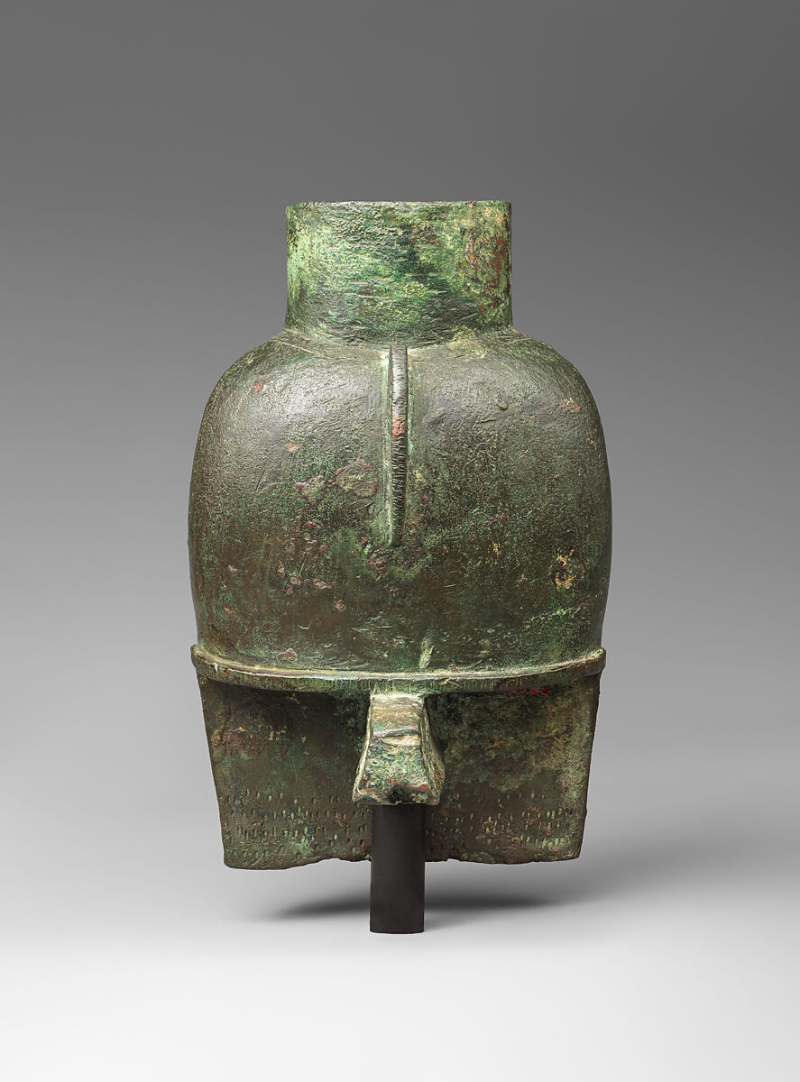 Head of a goddess, probably Mut, for attachment to a processional barque, Cupreous metal, gold leaf, formerly inlaid