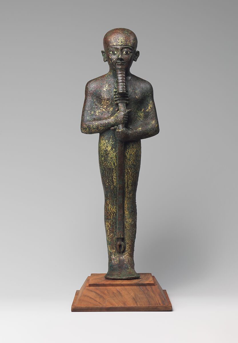 Statue of the God Ptah, Bronze, gold leaf, glass 