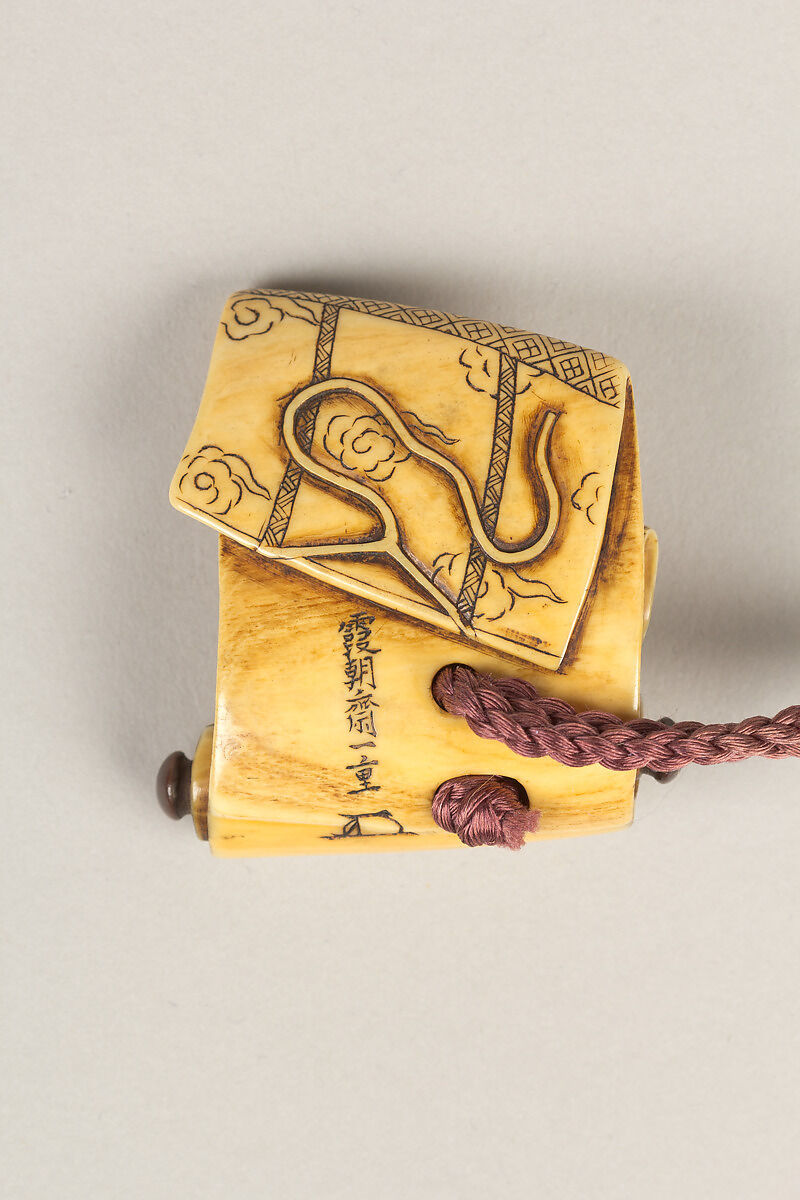 Inrō with Noh Masks, Two-part sheath type; lacquered wood with gold, silver, color takamaki-e, hiramaki-e, and carved lacquer and ceramic inlay on hirameji ground 
Netsuke: Shōki the Demon Queller; ivory
Ojime: openwork ivory bead, Japan