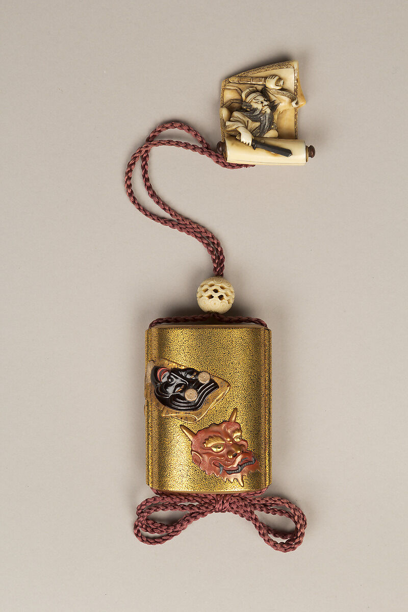 Inrō with Noh Masks, Two-part sheath type; lacquered wood with gold, silver, color takamaki-e, hiramaki-e, and carved lacquer and ceramic inlay on hirameji ground <br/>Netsuke: Shōki the Demon Queller; ivory<br/>Ojime: openwork ivory bead, Japan