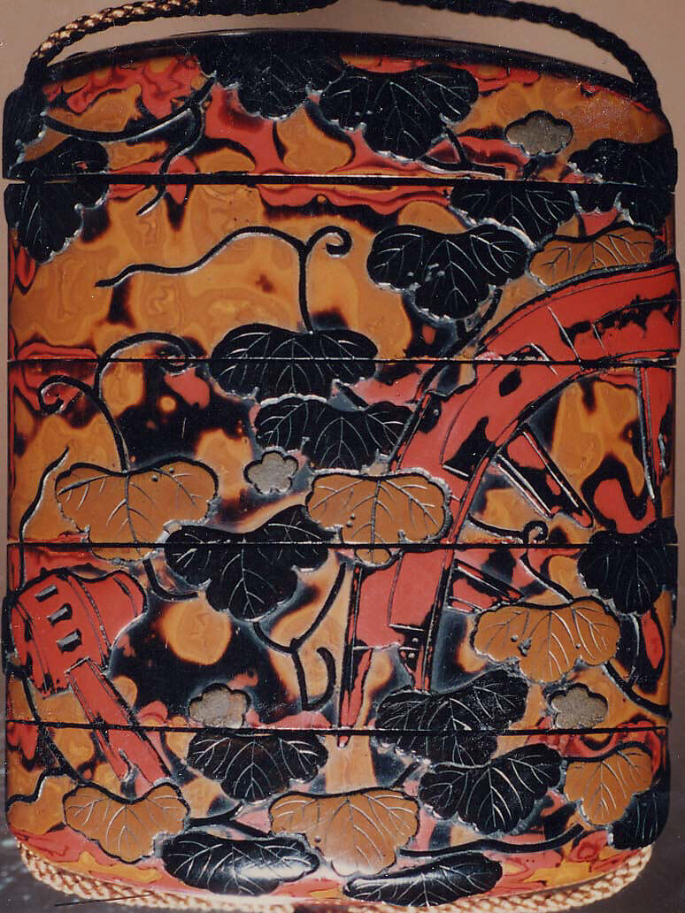Case (Inrō) with Design of Praying Mantis beside Broken Wheel Overgrown with Vines, Lacquer, wakasa nuri, yellow, red marbled ground, black, grey and brown lacquer; Interior: roiro, Japan