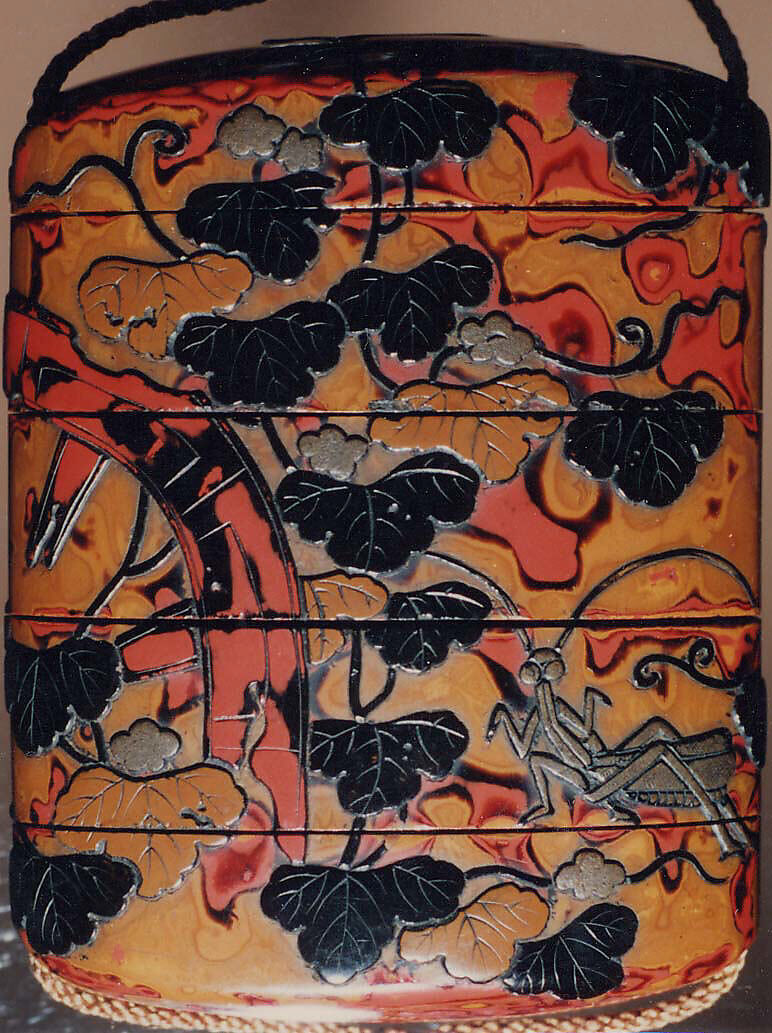 Case (Inrō) with Design of Praying Mantis beside Broken Wheel Overgrown with Vines, Lacquer, wakasa nuri, yellow, red marbled ground, black, grey and brown lacquer; Interior: roiro, Japan