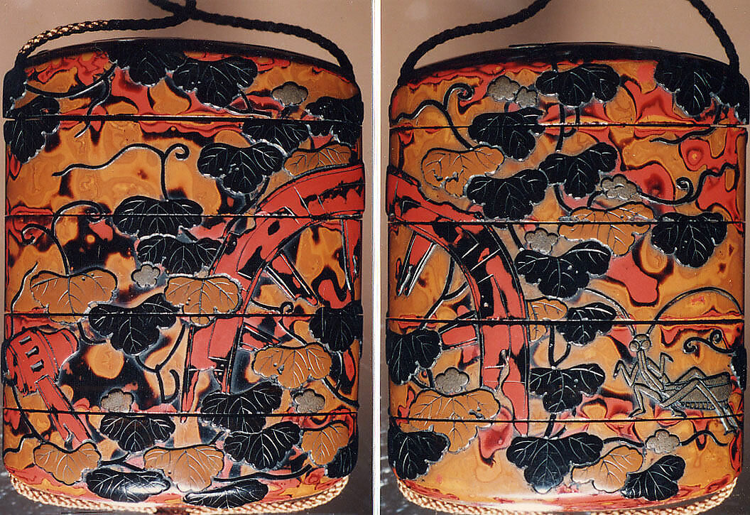 Case (Inrō) with Design of Praying Mantis beside Broken Wheel Overgrown with Vines, Lacquer, wakasa nuri, yellow, red marbled ground, black, grey and brown lacquer; Interior: roiro, Japan 