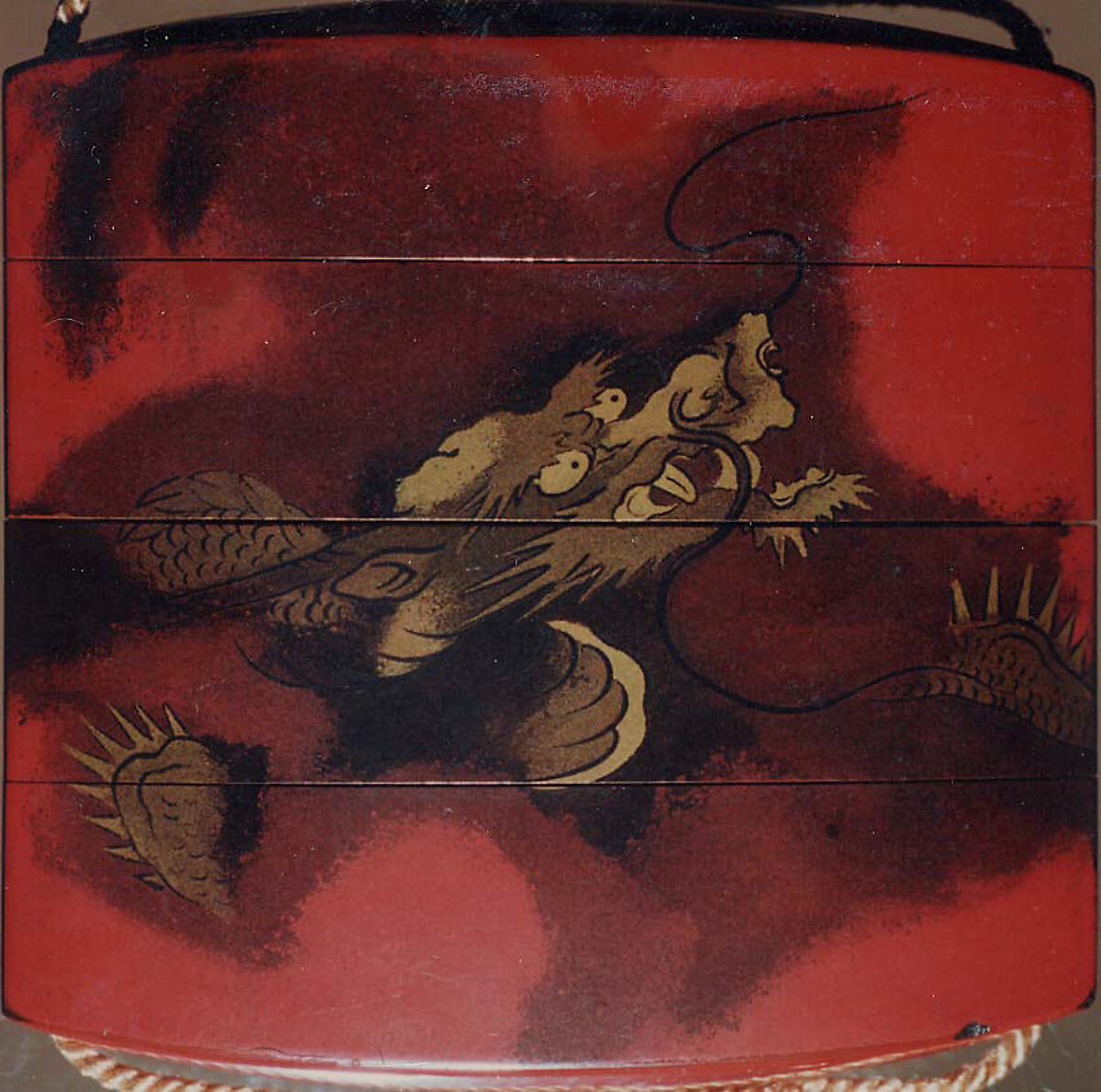Case (Inrō) with Design of Dragon among Swirling Clouds, Hogen Eisen, Lacquer, red ground, gold and black togidashi; Interior: nashiji and fundame, Japan
