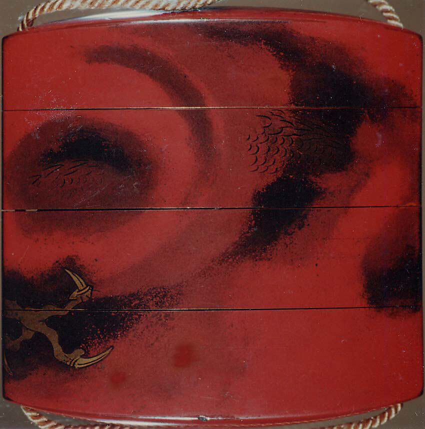 Case (Inrō) with Design of Dragon among Swirling Clouds, Hogen Eisen, Lacquer, red ground, gold and black togidashi; Interior: nashiji and fundame, Japan