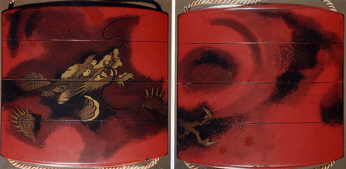 Case (Inrō) with Design of Dragon among Swirling Clouds, Hogen Eisen, Lacquer, red ground, gold and black togidashi; Interior: nashiji and fundame, Japan 