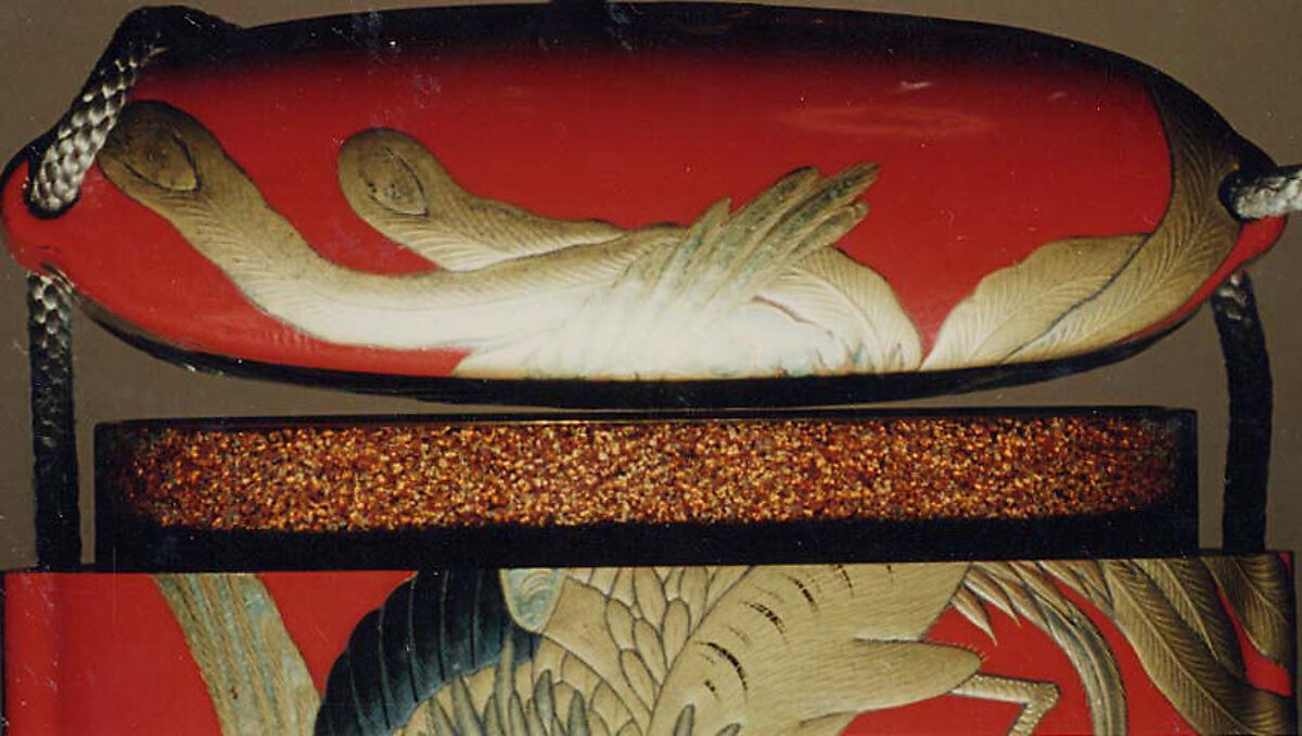Case (Inrō) with Design of Hō-ō Bird in Flight above Flowering Kiri Branches, Lacquer, red ground, gold, black and silver hiramakie, takamakie; Interior: nashiji and fundame, Japan