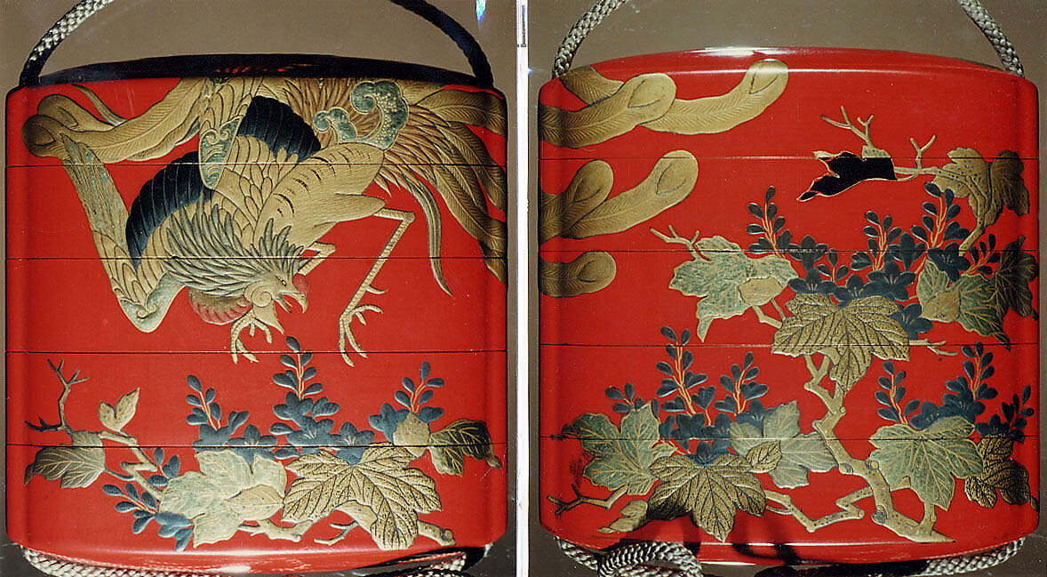 Case (Inrō) with Design of Hō-ō Bird in Flight above Flowering Kiri Branches, Lacquer, red ground, gold, black and silver hiramakie, takamakie; Interior: nashiji and fundame, Japan 