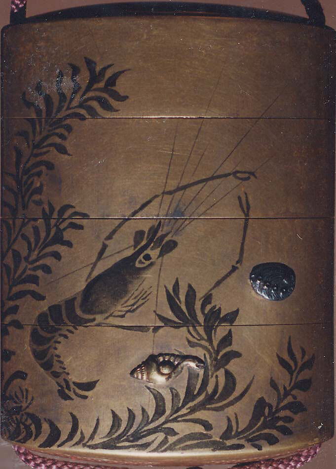 Case (Inrō) with Design of Crawfish and Scattered Shells beside Water Weeds and Plants, Hogen Dohaku (died 1851), Lacquer, fundame, sumie togidashi, applied metals; Interior: nashiji and fundame, Japan