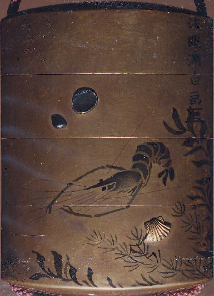 Case (Inrō) with Design of Crawfish and Scattered Shells beside Water Weeds and Plants, Hogen Dohaku (died 1851), Lacquer, fundame, sumie togidashi, applied metals; Interior: nashiji and fundame, Japan