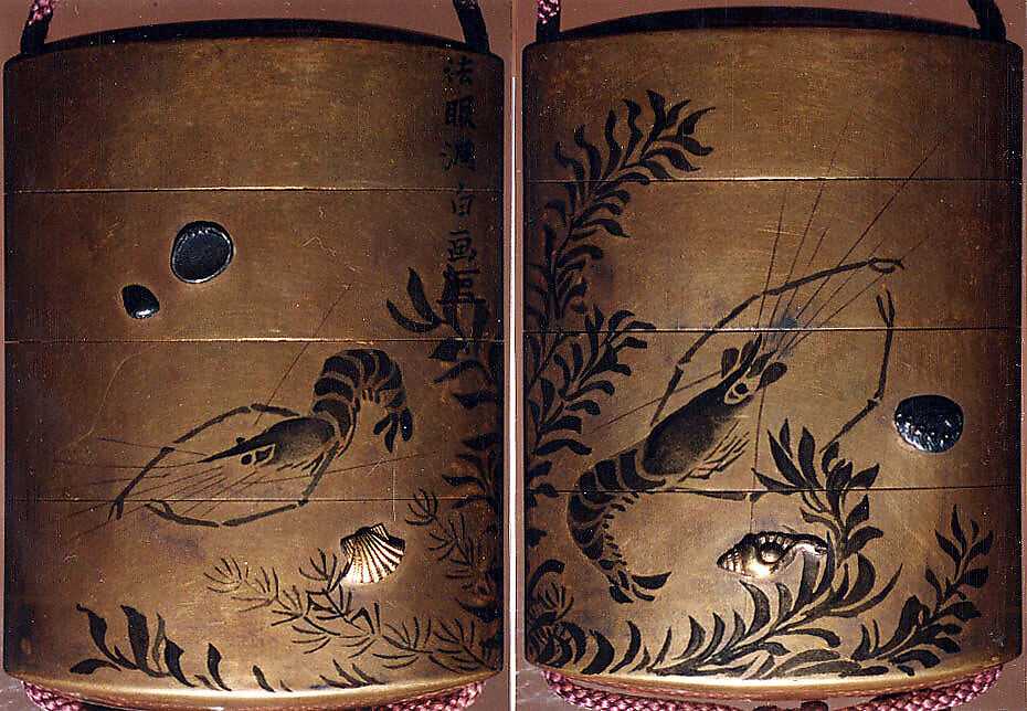 Case (Inrō) with Design of Crawfish and Scattered Shells beside Water Weeds and Plants, Hogen Dohaku (died 1851), Lacquer, fundame, sumie togidashi, applied metals; Interior: nashiji and fundame, Japan 