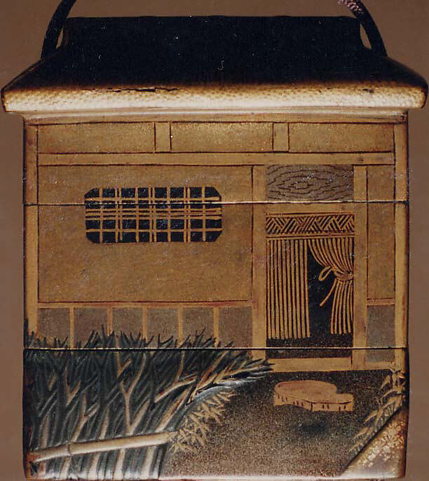 Inrō in the Shape of a House, Two cases; lacquered wood with gold and silver takamaki-e, hiramaki-e, togidashimaki-e, cutout gold foil application on black lacquer groundNetsuke: ivory; Hotei in a bagOjime: metal bead, Japan
