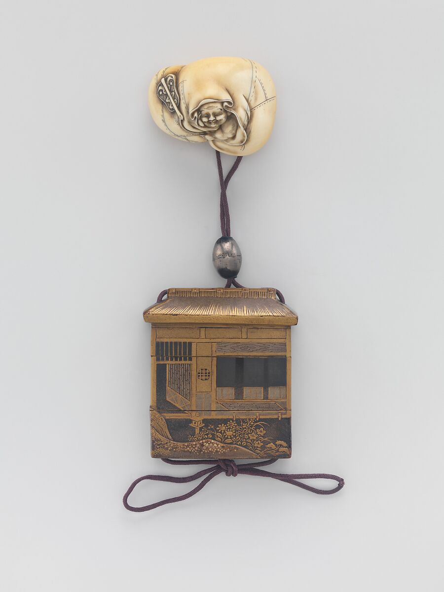Inrō in the Shape of a House, Two cases; lacquered wood with gold and silver takamaki-e, hiramaki-e, togidashimaki-e, cutout gold foil application on black lacquer groundNetsuke: ivory; Hotei in a bagOjime: metal bead, Japan 