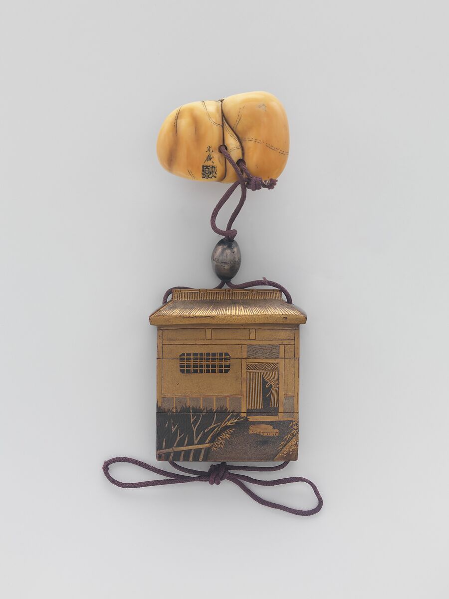 Inrō in the Shape of a House, Two cases; lacquered wood with gold and silver takamaki-e, hiramaki-e, togidashimaki-e, cutout gold foil application on black lacquer groundNetsuke: ivory; Hotei in a bagOjime: metal bead, Japan