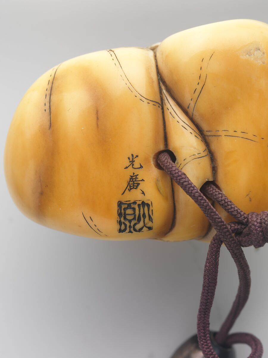 Inrō in the Shape of a House, Two cases; lacquered wood with gold and silver takamaki-e, hiramaki-e, togidashimaki-e, cutout gold foil application on black lacquer groundNetsuke: ivory; Hotei in a bagOjime: metal bead, Japan