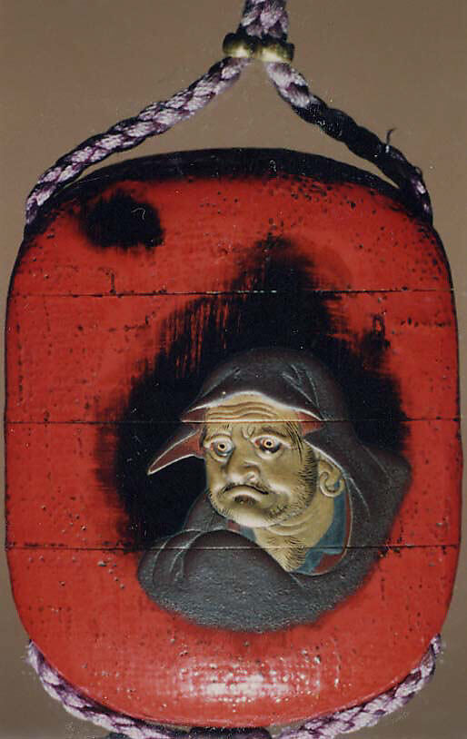 Case (Inrō) with Design of Daruma (obverse); Fly Whisk and Scepter (reverse), Lacquer, red, textile background, gold, silver and black hiramakie, takamakie; Interior: roiro and fundame, Japan