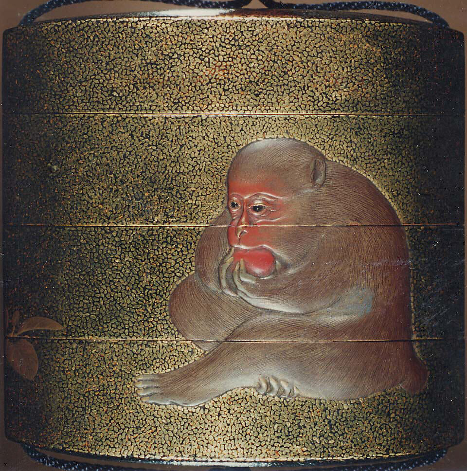 Case (Inrō) with Design of Basket of Persimmons (obverse); Monkey Eating Persimmon (reverse), Mori Sosen (Japanese, 1747–1821), Lacquer, gold and silver hirame, gold, red and coloured hiramakie, takamakie; Interior: red lacquer, fundame and decoration; the interior risers decorated in gold and silver togidashi with various brocade pattern, key-fret, waves, etc., Japan
