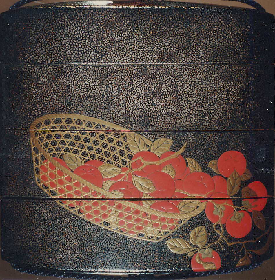 Case (Inrō) with Design of Basket of Persimmons (obverse); Monkey Eating Persimmon (reverse), Mori Sosen (Japanese, 1747–1821), Lacquer, gold and silver hirame, gold, red and coloured hiramakie, takamakie; Interior: red lacquer, fundame and decoration; the interior risers decorated in gold and silver togidashi with various brocade pattern, key-fret, waves, etc., Japan