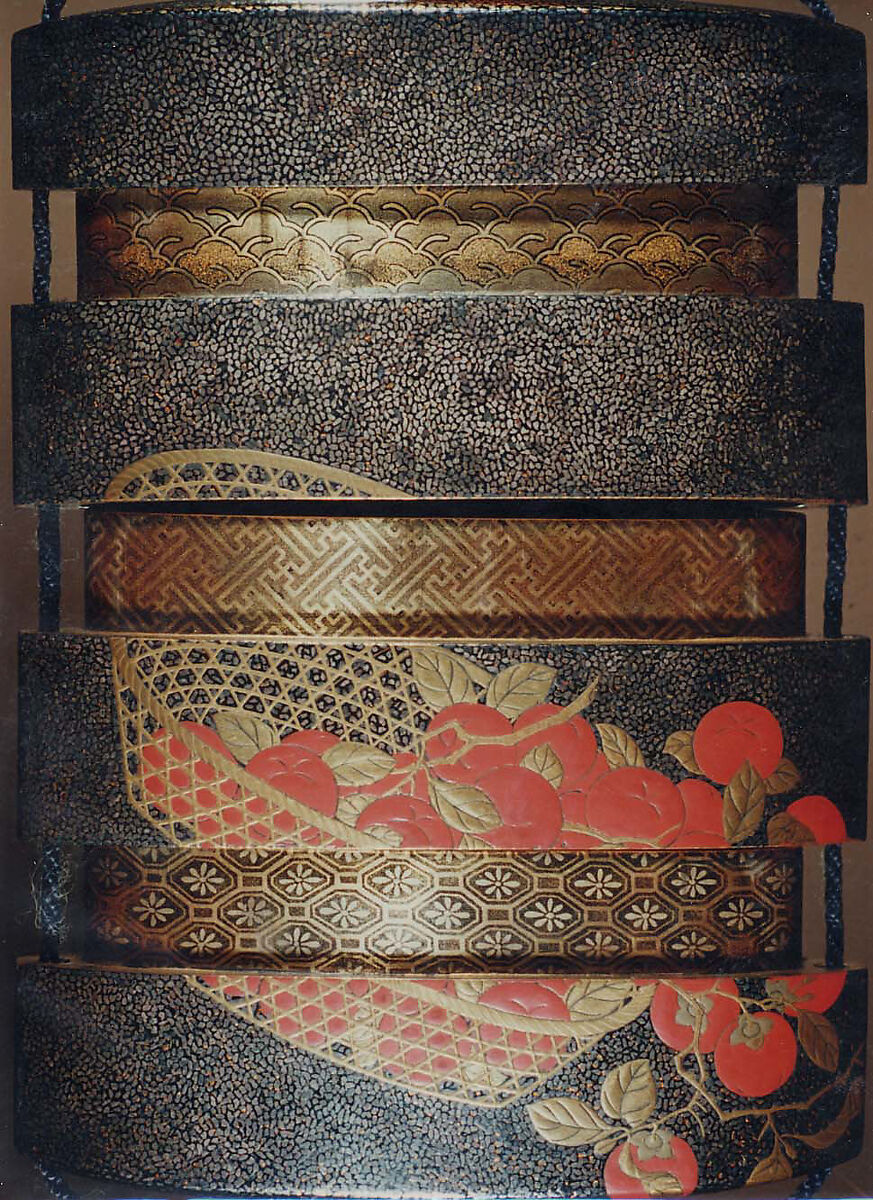 Case (Inrō) with Design of Basket of Persimmons (obverse); Monkey Eating Persimmon (reverse), Mori Sosen (Japanese, 1747–1821), Lacquer, gold and silver hirame, gold, red and coloured hiramakie, takamakie; Interior: red lacquer, fundame and decoration; the interior risers decorated in gold and silver togidashi with various brocade pattern, key-fret, waves, etc., Japan