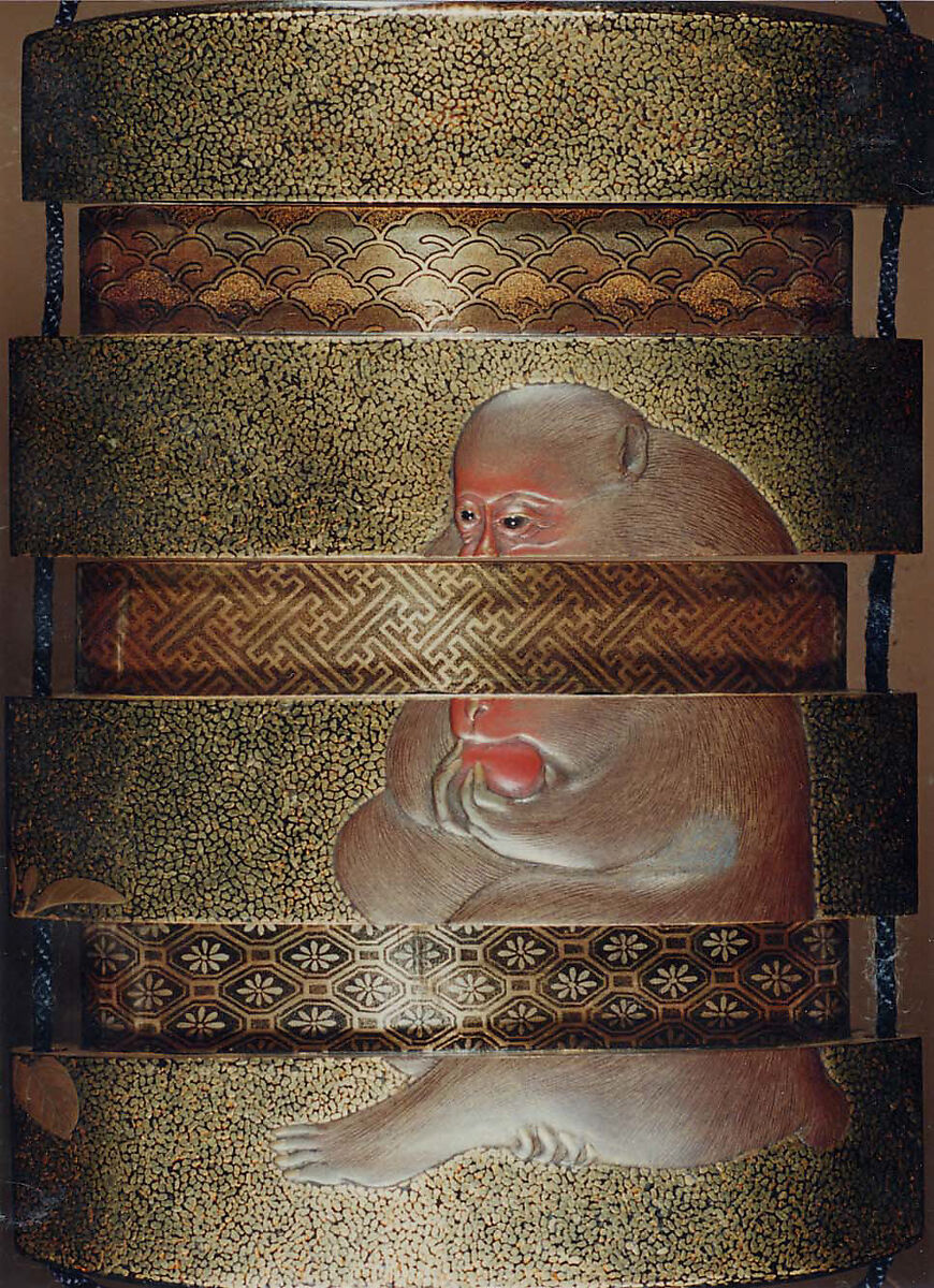 Case (Inrō) with Design of Basket of Persimmons (obverse); Monkey Eating Persimmon (reverse), Mori Sosen (Japanese, 1747–1821), Lacquer, gold and silver hirame, gold, red and coloured hiramakie, takamakie; Interior: red lacquer, fundame and decoration; the interior risers decorated in gold and silver togidashi with various brocade pattern, key-fret, waves, etc., Japan