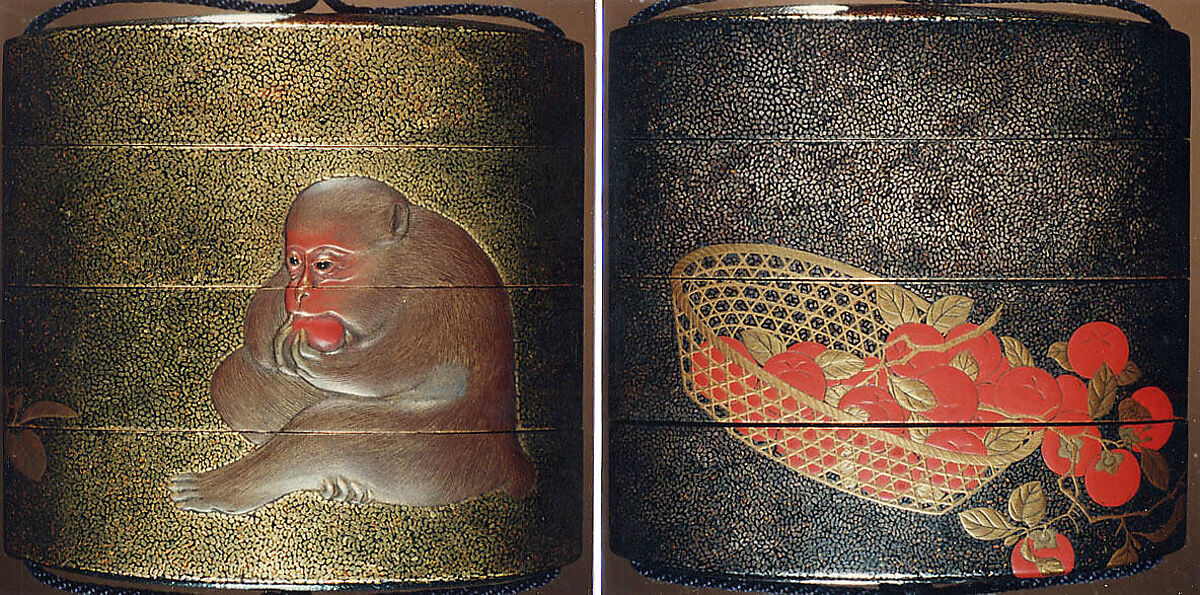 Case (Inrō) with Design of Basket of Persimmons (obverse); Monkey Eating Persimmon (reverse), Mori Sosen (Japanese, 1747–1821), Lacquer, gold and silver hirame, gold, red and coloured hiramakie, takamakie; Interior: red lacquer, fundame and decoration; the interior risers decorated in gold and silver togidashi with various brocade pattern, key-fret, waves, etc., Japan 
