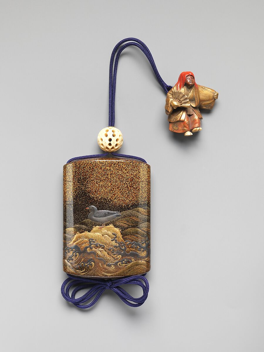 Case (Inrō) with Design of Bird on Standing on Rocks (obverse) Bird Flying above Waves (reverse), Lacquer, roiro, nashiji, gold, red and silver hiramakie, hirame; Interior: fundame, Japan 