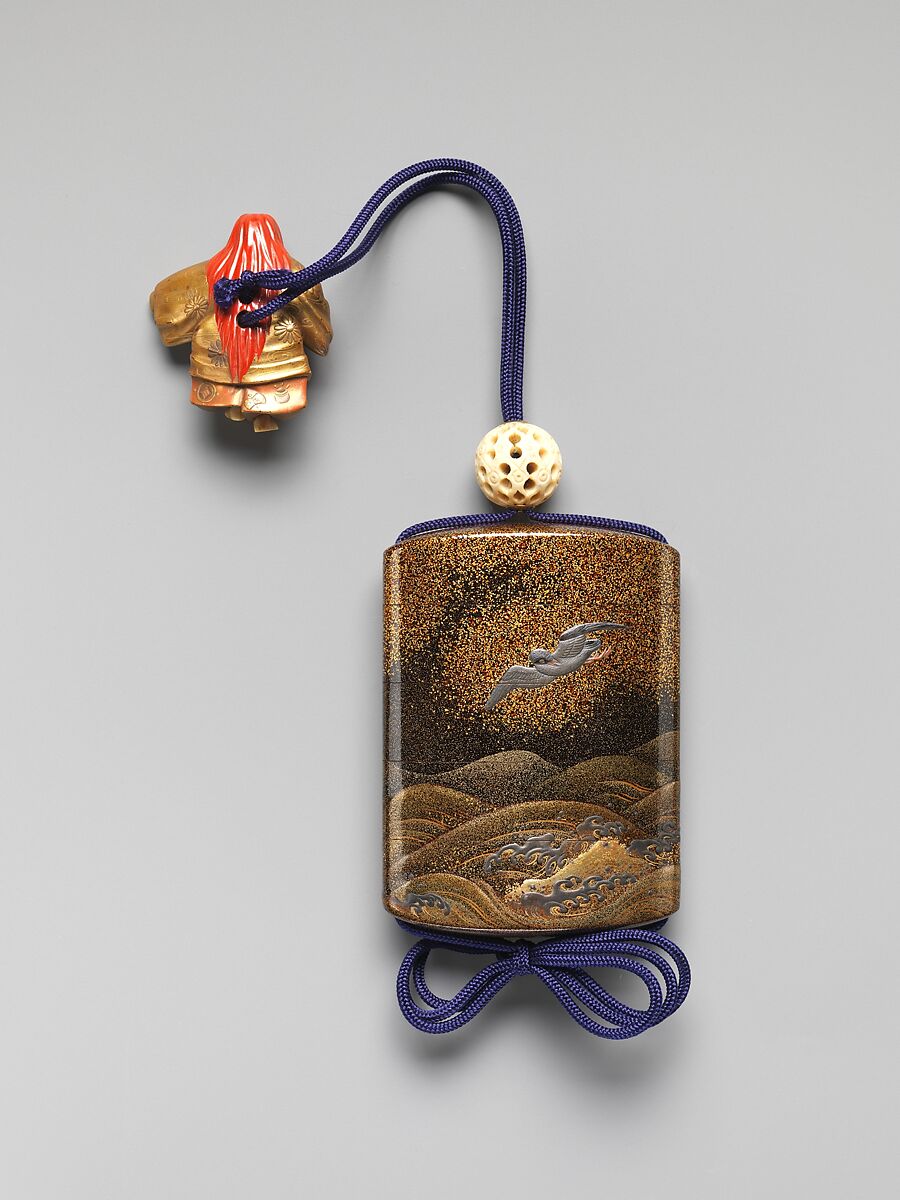 Case (Inrō) with Design of Bird on Standing on Rocks (obverse) Bird Flying above Waves (reverse), Lacquer, roiro, nashiji, gold, red and silver hiramakie, hirame; Interior: fundame, Japan