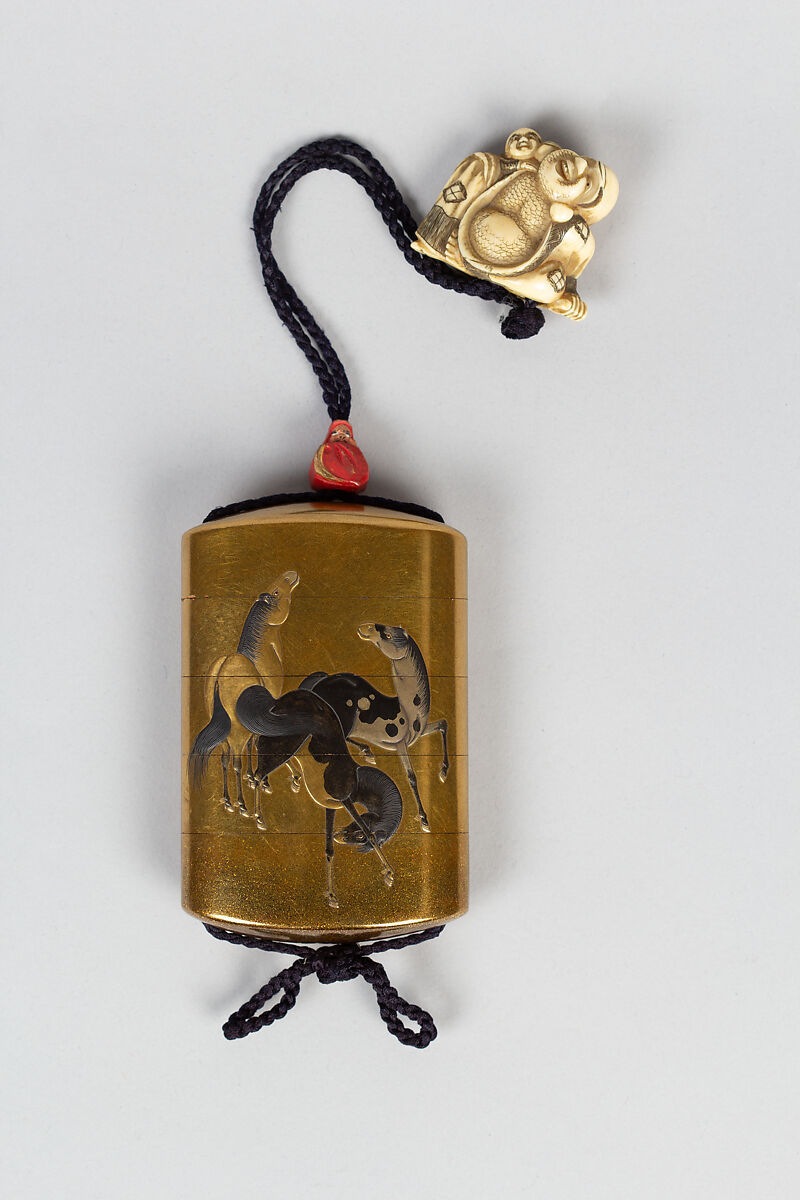 Case (Inrō) with Design of Five Playing Horses, Lacquer, kinji, black, silver, gold hiramakie, takamakie, nashiji; Interior: nashiji and fundame, Japan 