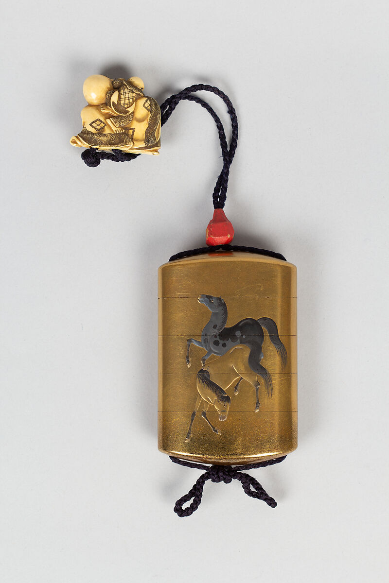 Case (Inrō) with Design of Five Playing Horses, Lacquer, kinji, black, silver, gold hiramakie, takamakie, nashiji; Interior: nashiji and fundame, Japan