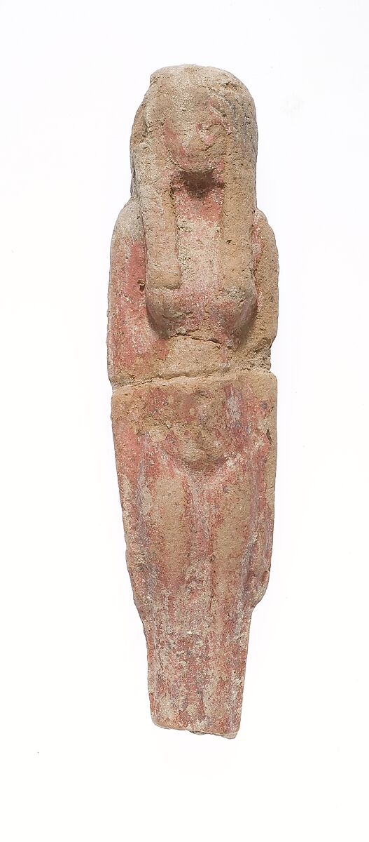 Standing female figurine with long thin wig and missing legs, Pottery 