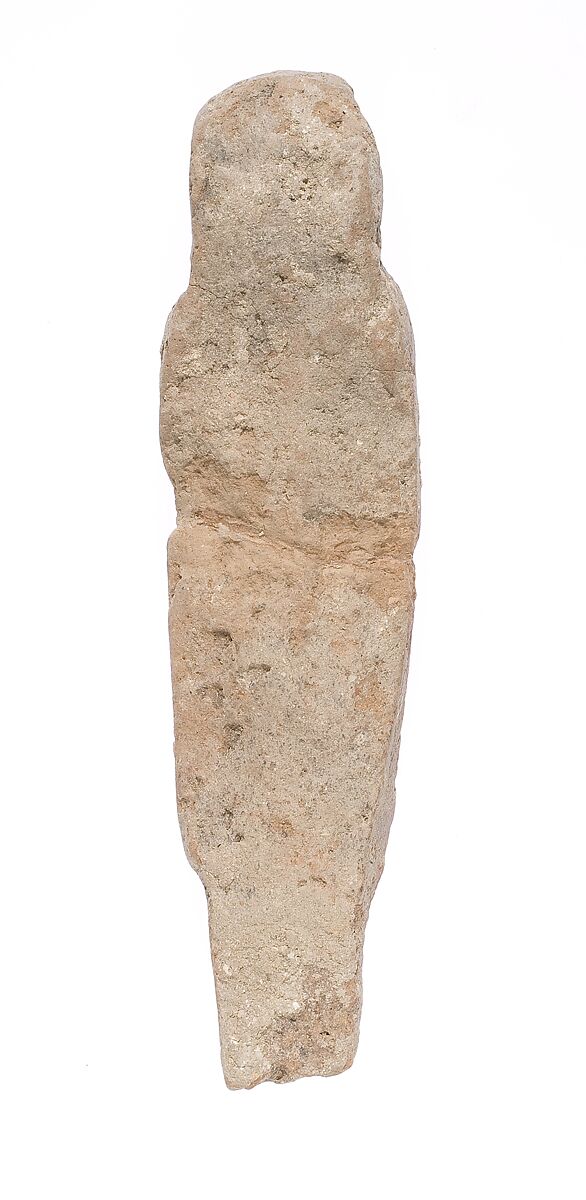 Standing female figurine with long thin wig and missing legs, Pottery