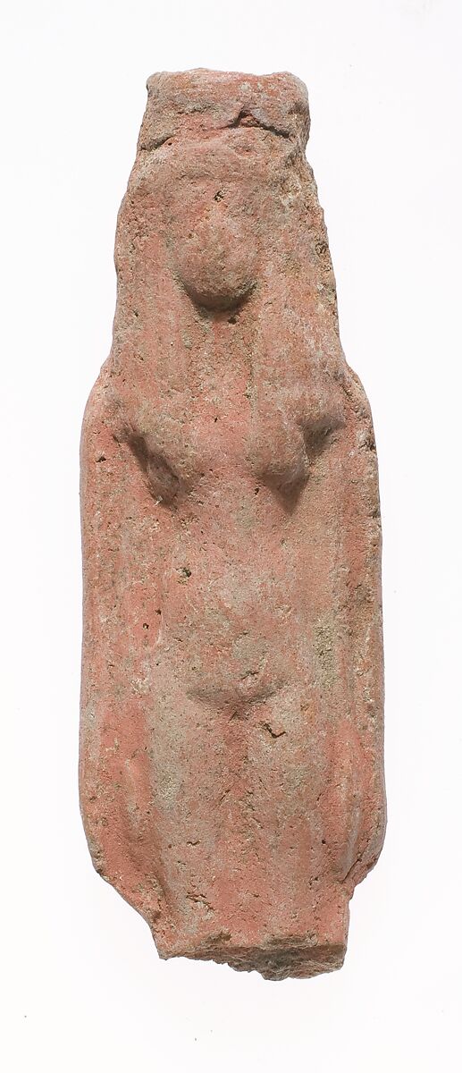 Standing female figurine square headdress, missing most of her legs, Pottery 