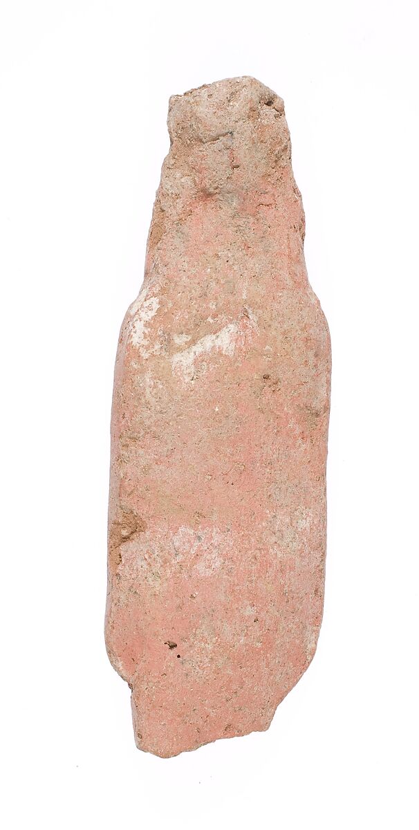 Standing female figurine square headdress, missing most of her legs, Pottery