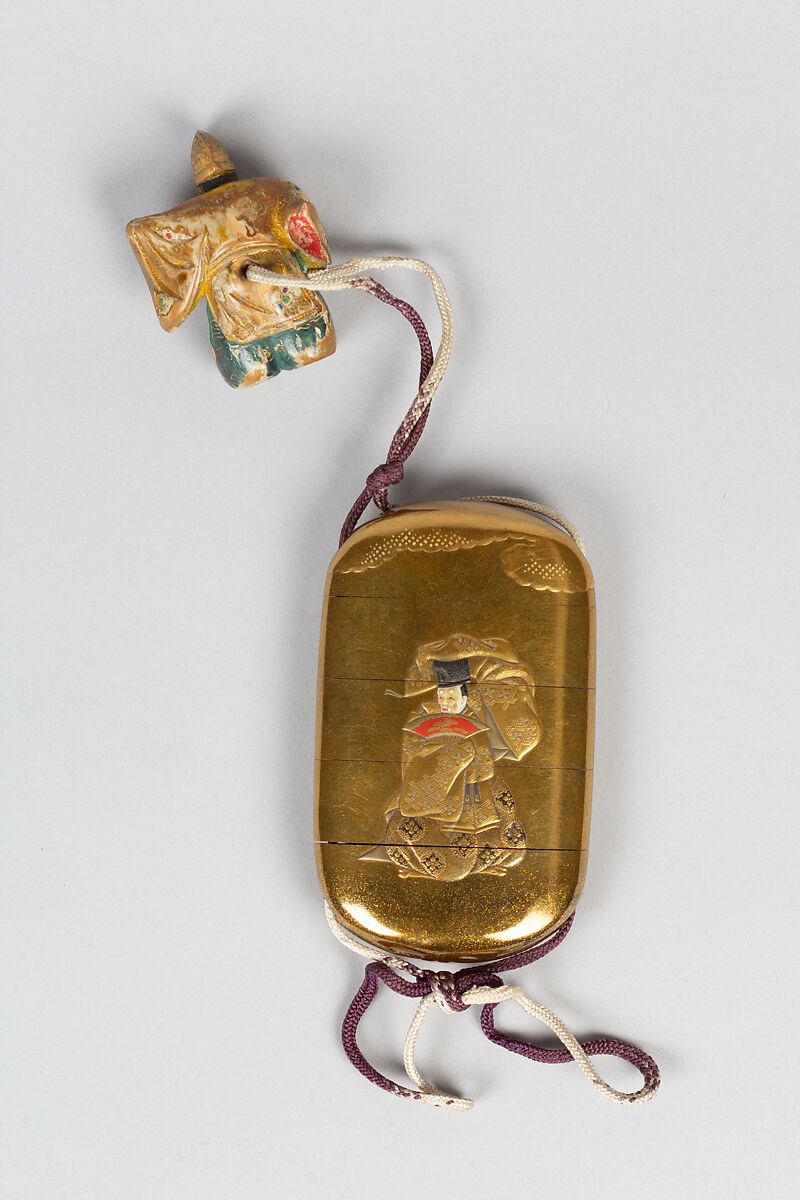 Case (Inrō) with Design of Seated Courtier beneath Umbrella (obverse) Noh Dancer (reverse), Lacquer, kinji, nashiji, gold, red, silver and black hiramakie, ivory inlay; Interior: nashiji and fundame, Japan