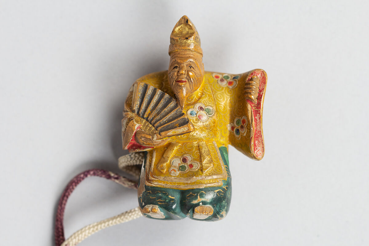 Case (Inrō) with Design of Seated Courtier beneath Umbrella (obverse) Noh Dancer (reverse), Lacquer, kinji, nashiji, gold, red, silver and black hiramakie, ivory inlay; Interior: nashiji and fundame, Japan