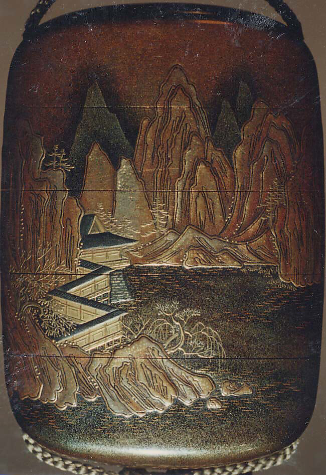 Case (Inrō) with Design of Chinese-Style Mountain Landscape with Buildings beside Rocks, Lacquer, kinji, nashiji, gold, silver hiramakie, takamakie, togidashi; Interior: gyobu nashiji and fundame, Japan
