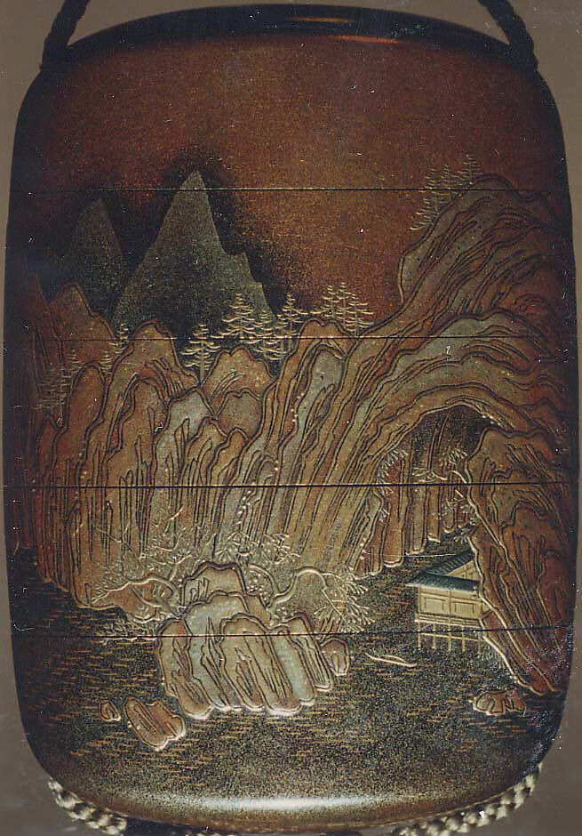 Case (Inrō) with Design of Chinese-Style Mountain Landscape with Buildings beside Rocks, Lacquer, kinji, nashiji, gold, silver hiramakie, takamakie, togidashi; Interior: gyobu nashiji and fundame, Japan