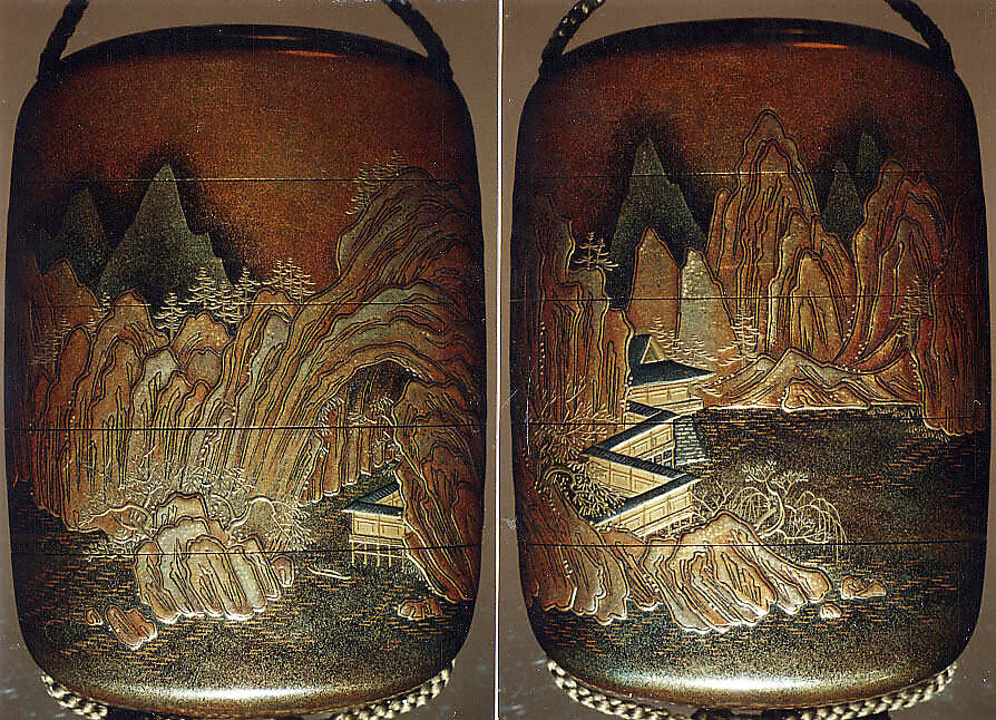 Case (Inrō) with Design of Chinese-Style Mountain Landscape with Buildings beside Rocks, Lacquer, kinji, nashiji, gold, silver hiramakie, takamakie, togidashi; Interior: gyobu nashiji and fundame, Japan 