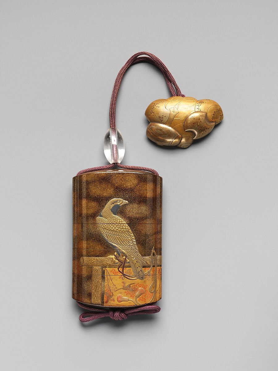 Case (Inrō) with Design of Two Hawks on Tasseled Perches, Lacquer, roiro, mura nashiji, gold and coloured hiramakie, takamakie; Interior: nashiji and fundame, Japan 