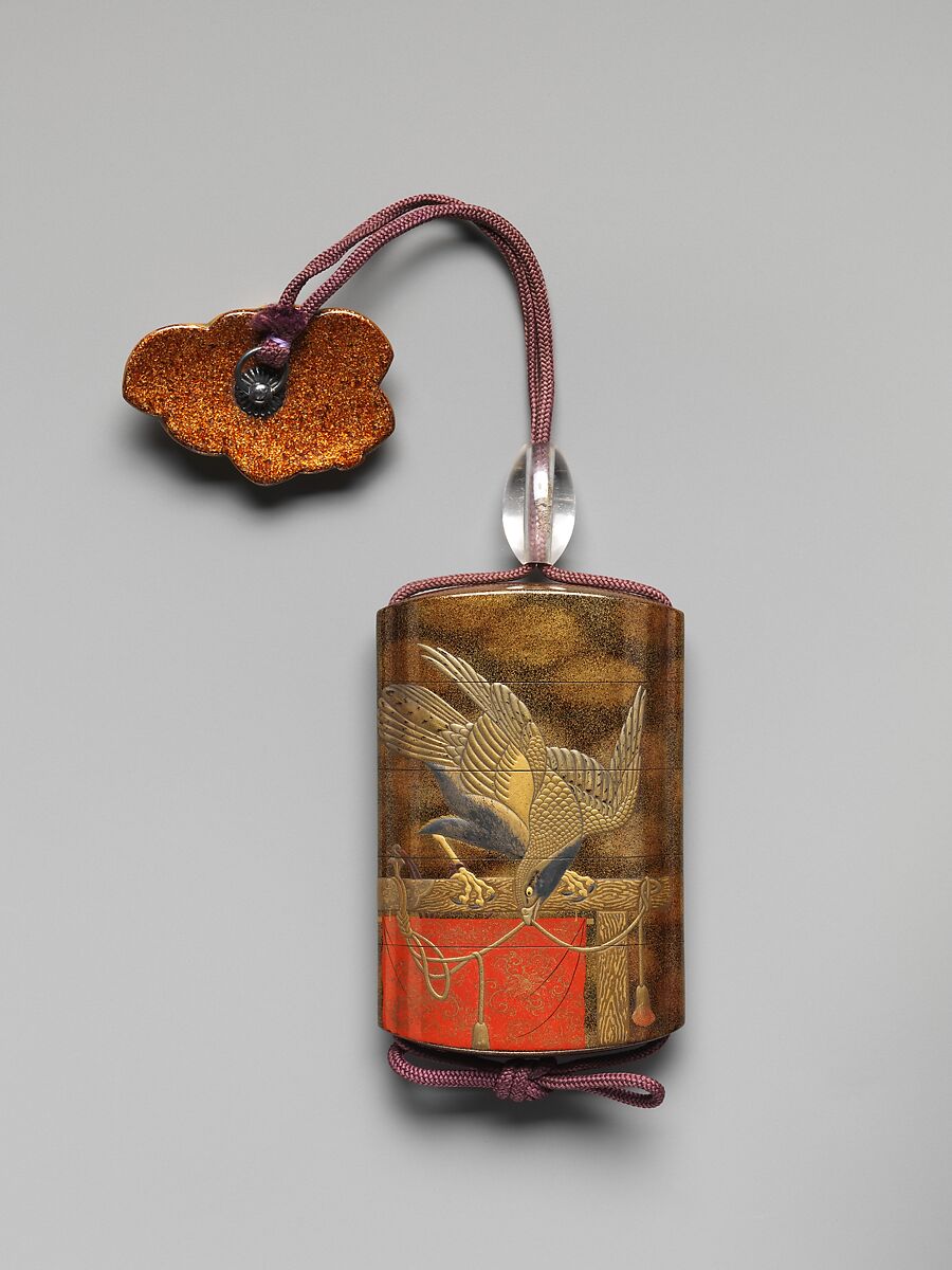 Case (Inrō) with Design of Two Hawks on Tasseled Perches, Lacquer, roiro, mura nashiji, gold and coloured hiramakie, takamakie; Interior: nashiji and fundame, Japan