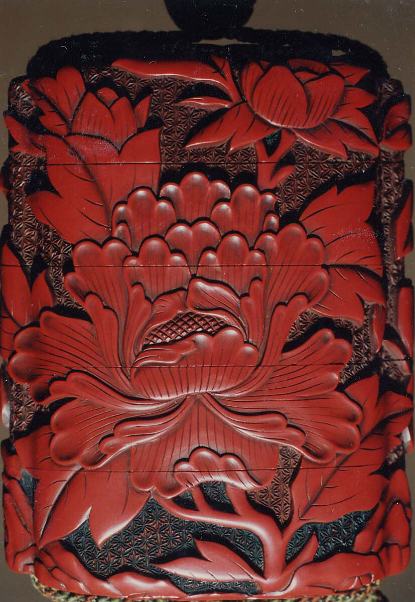 Case (Inrō) with Design of Large Flowering Peony, Carved red lacquer, Japan