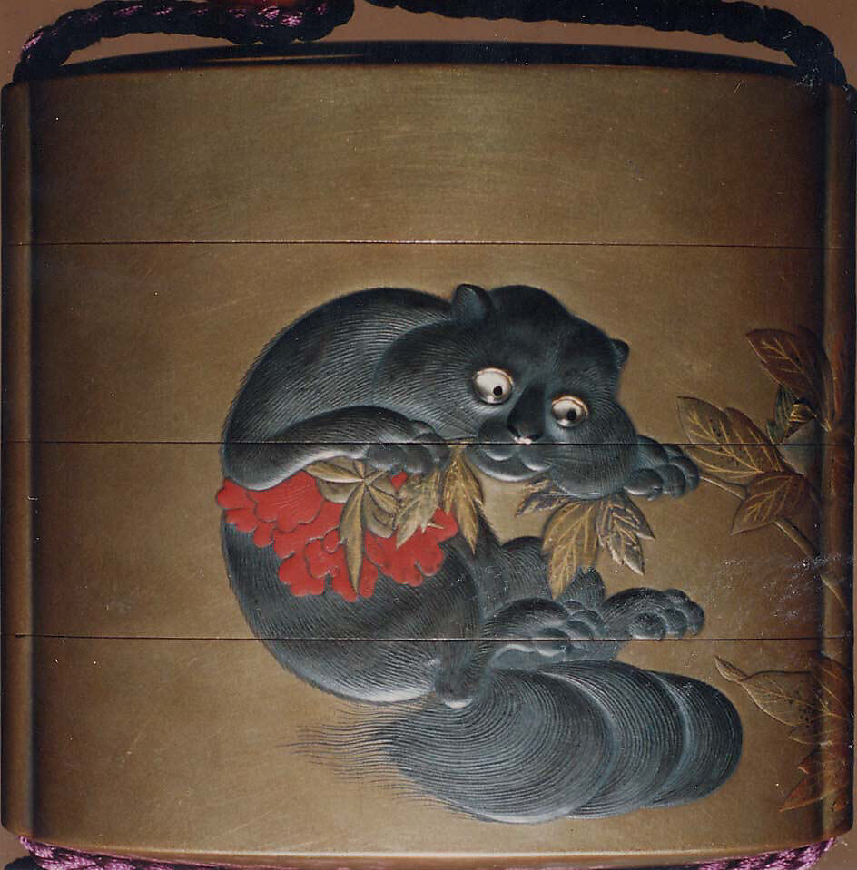 Case (Inrō) with Design of Flowering Peonies (obverse) Cat Biting into Peony Stem (reverse), Lacquer, kinji, gold, silver, red and coloured hiramakie, takamakie, inlaid eyes; Interior: fundame, Japan