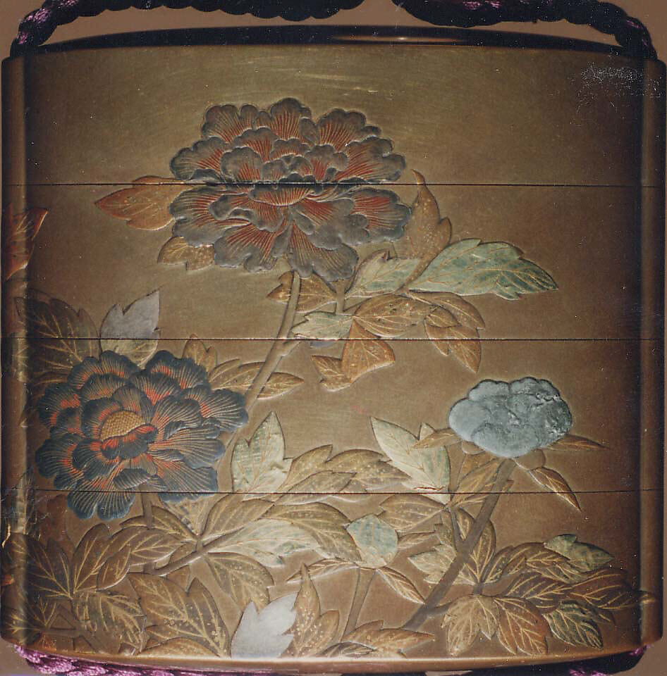 Case (Inrō) with Design of Flowering Peonies (obverse) Cat Biting into Peony Stem (reverse), Lacquer, kinji, gold, silver, red and coloured hiramakie, takamakie, inlaid eyes; Interior: fundame, Japan